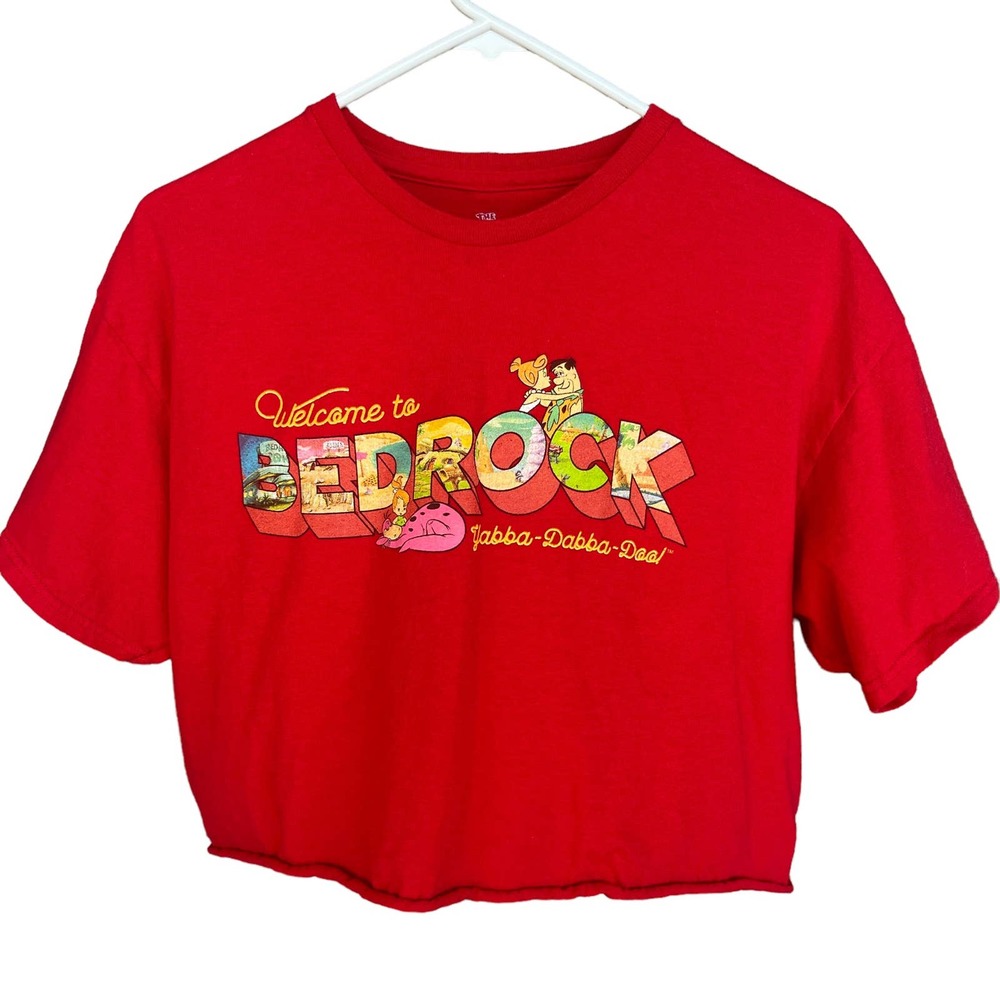 Flintstones Shirt Womens Large Red Cropped Cutoff Short Sleeve Bedrock Cartoon‎